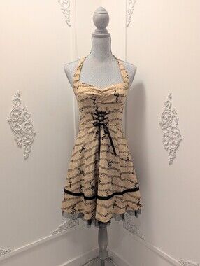 Sheet Music Halter Fit-and-Flare Dress with Black Trim